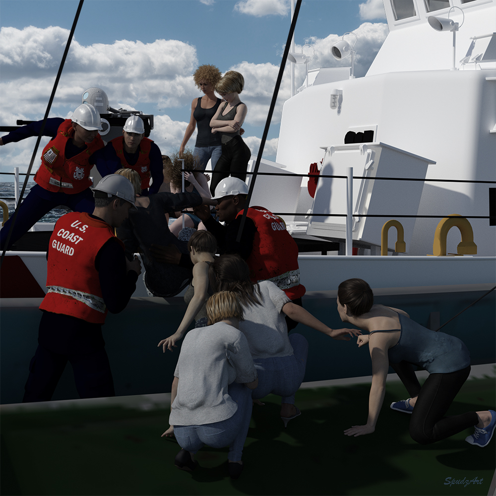 Kauai's crew rescues newly freed human trafficking victims from the sinking freighter Miho Dujam.